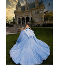 Customized Shinny Blue Quinceanera Dress 2025 Off Shoulders Vestidos De 15 Quinceañera Sweep Train Big Bow Corset Birthday Party