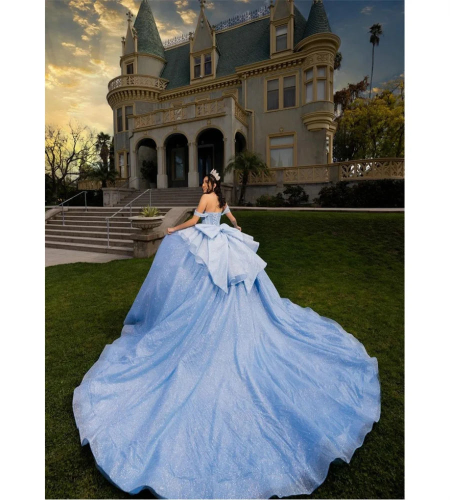 Customized Shinny Blue Quinceanera Dress 2025 Off Shoulders Vestidos De 15 Quinceañera Sweep Train Big Bow Corset Birthday Party