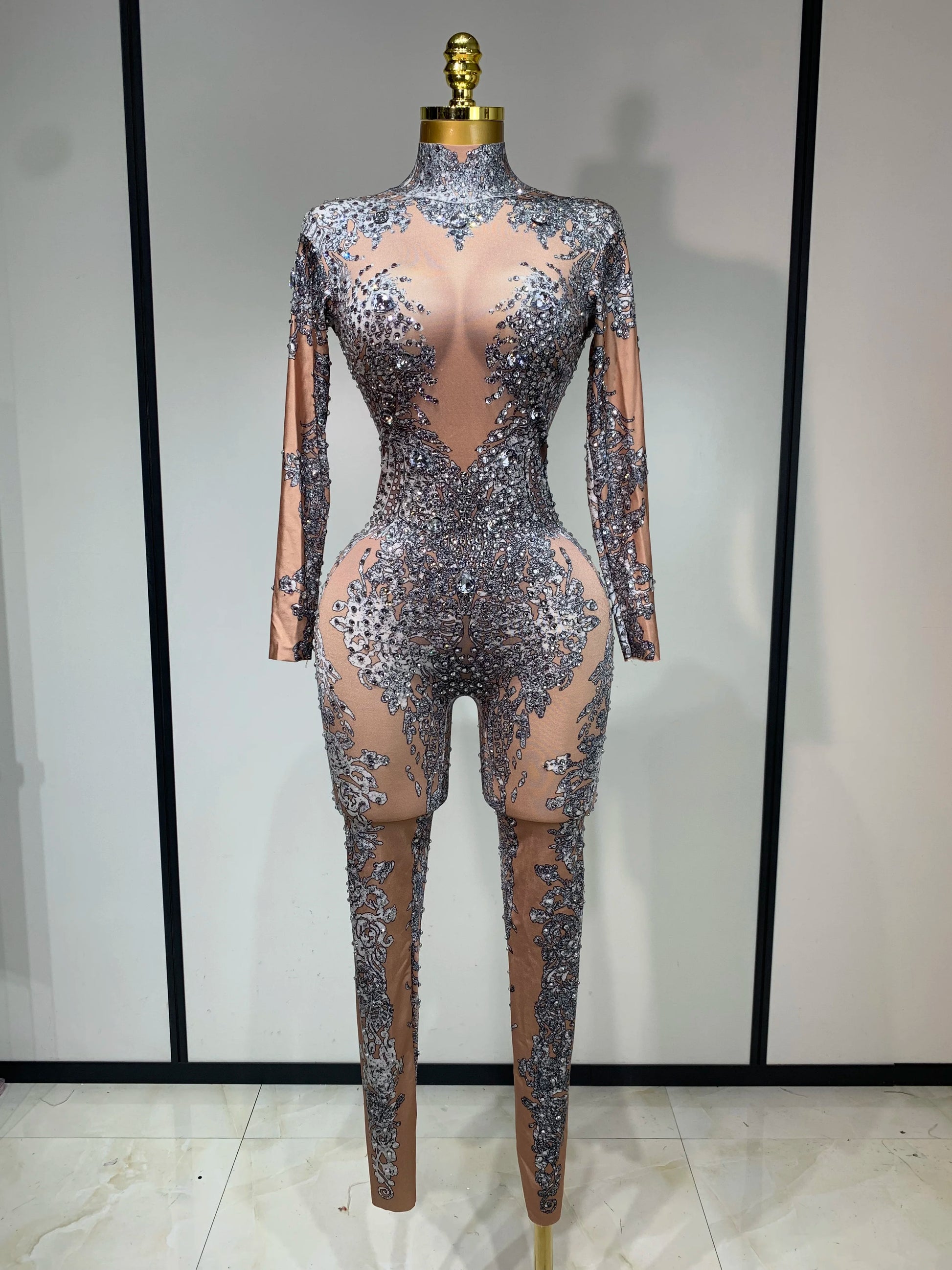 Sparkly Rhinestones Jumpsuit Fashion Sexy Stretch Dance Costume Nightclub Bodysuit Birthday Outfit Evening Party Leggings Silver