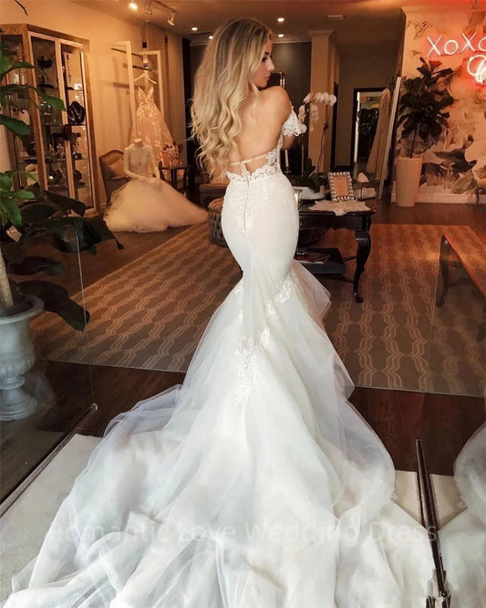 Graceful Sweetheart Mermaid Wedding Dress Boho Removable Sleeves Appliques Lace Bridal Gowns Court Train Princess Bride Dress