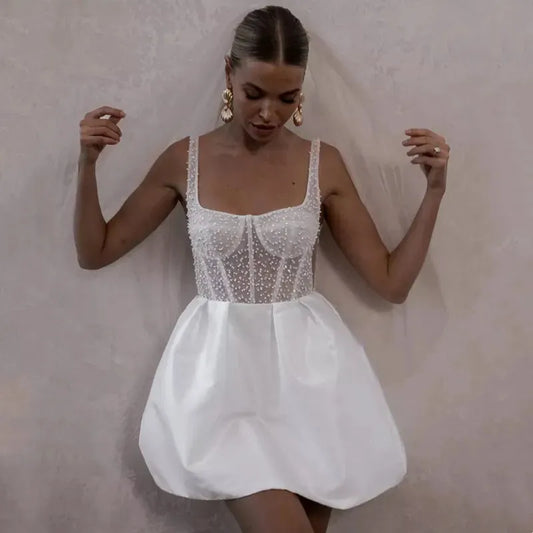 Modern Mini Ball Gown High Waist White Wedding Dress Square Collar Pearls Spaghetti Strap Sexy Backless With Button Wedding Gown As Picture