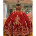 Glittering Red Off-Shoulder Quinceanera Dress Gold Beading Lace Princess Cinderella Birthday Vestidos De 15 Anos Red