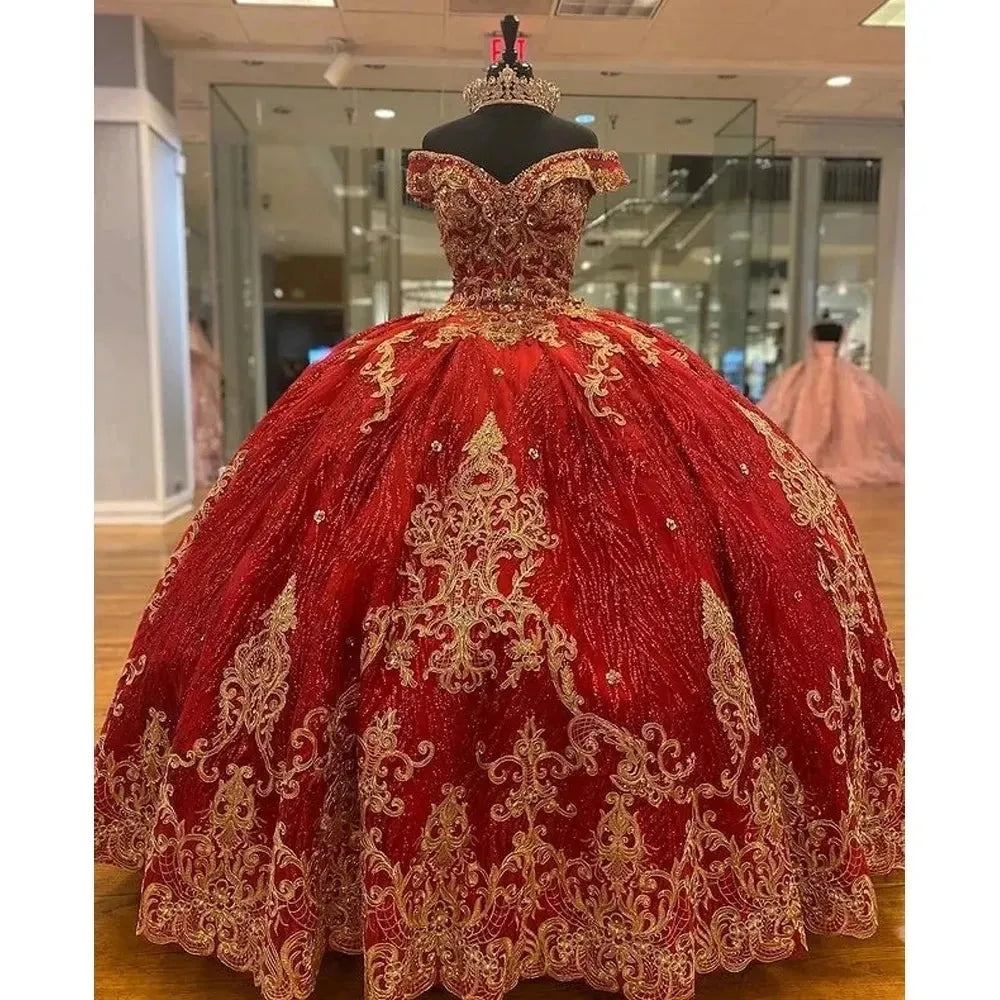 Glittering Red Off-Shoulder Quinceanera Dress Gold Beading Lace Princess Cinderella Birthday Vestidos De 15 Anos Red