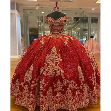 Glittering Red Off-Shoulder Quinceanera Dress Gold Beading Lace Princess Cinderella Birthday Vestidos De 15 Anos Red