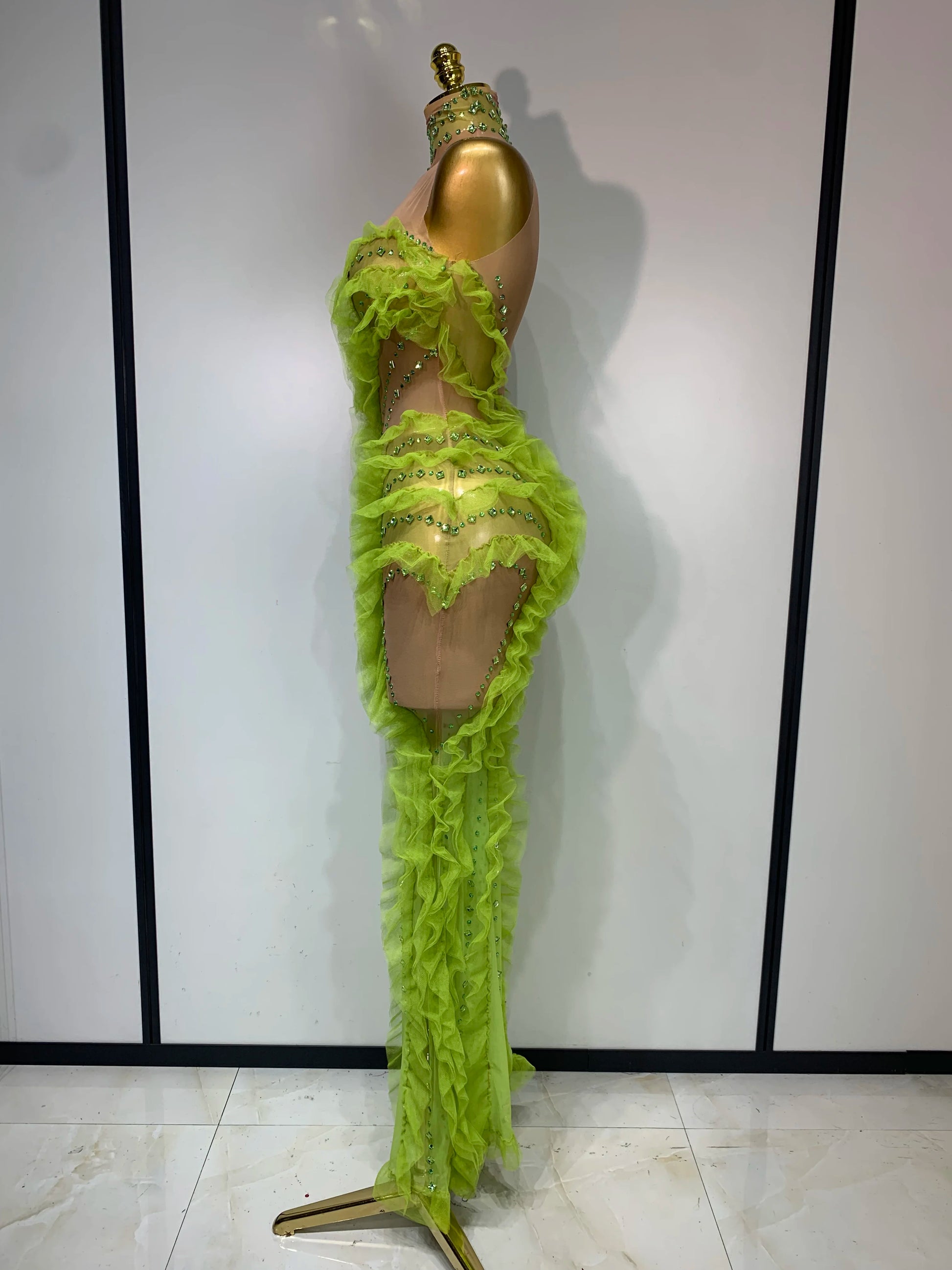 Sparkly Green Rhinestones Mesh Sheer Ruffle Maxi Long Dress Celebrate Birthday Eveing Party Nightclub Stage Performance Costumes