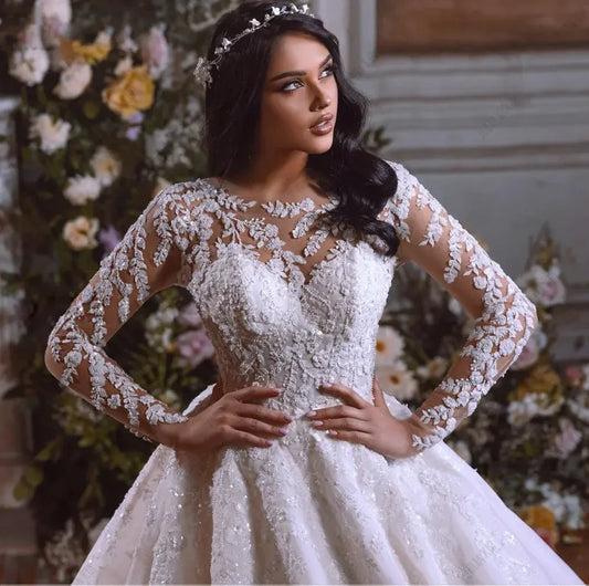Princess Wedding Dress Scoop Neck Beads Lace Applique Full Sleeve Bridal Gowns Vestidos De Noiva Sweep Train Robe De Mariee