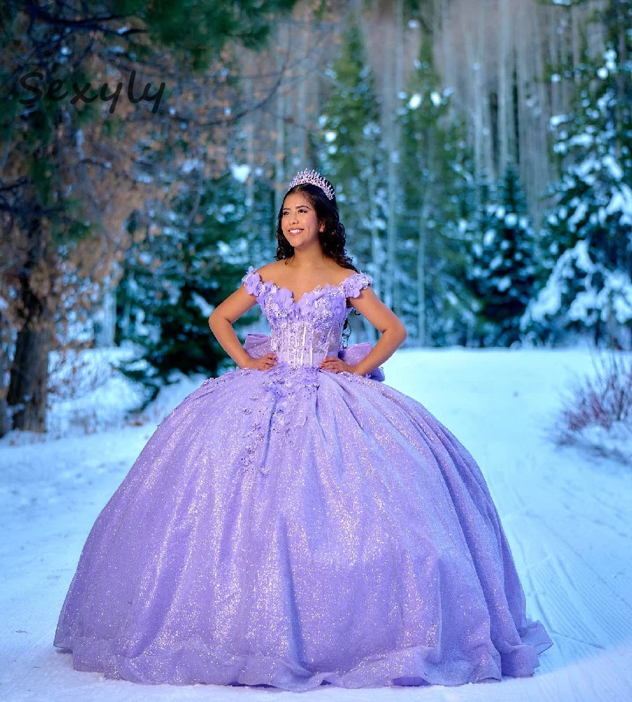 Shiny Lilac Quinceanera Dresses 2025Off Shoulders 3D Flower Ball Gown Vestidos De 15 Quinceañeras Sweet 16 Birthday Customized Blue
