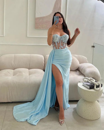 Amanda Sexy Strapless Mermaid Evening Dress Side Split Fishtail Party Dress 2024 Baby Blue Lace Embroidery