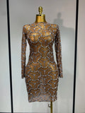 High Quality Women Elegant Long Sleeve Sparkly Rhinestones Mesh Bodycon Mini Dress See Through Evening Party Nightclub Outfit Dark Brown