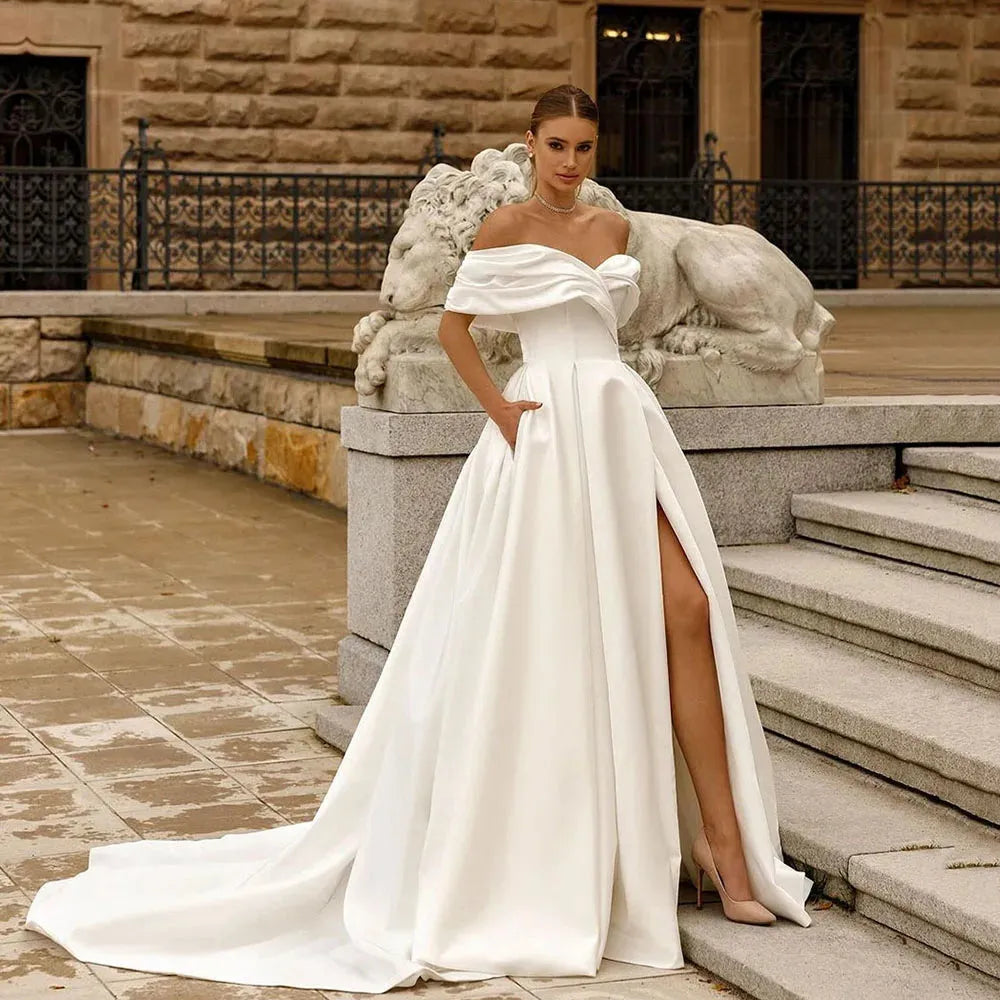 Modern Satin Off The Shoulder Wedding Dress With Pockets Pleats Bride Dress Side Split Sweep Train Bridal Growns