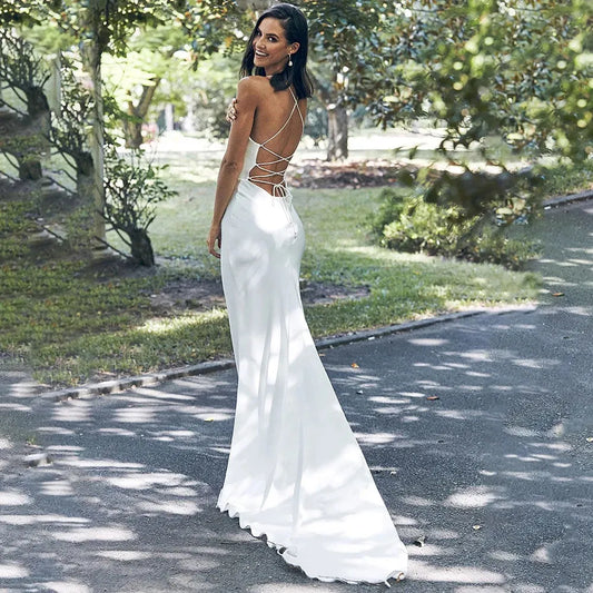 Sexy Spaghetti Straps Cowl Neck Micro Wedding Dress Simple Sleeveless Crepe Mermaid Bridal Gowns Sweep Train White