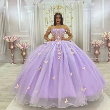 Glittering Lilac Butterfly Quinceanera Dresses With Bow Off-Shoulder Vestidos De 15 Anos Party Prom Princess Dress Purple