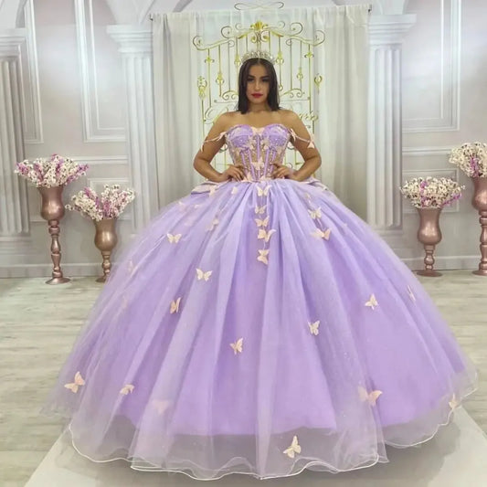 Glittering Lilac Butterfly Quinceanera Dresses With Bow Off-Shoulder Vestidos De 15 Anos Party Prom Princess Dress Purple