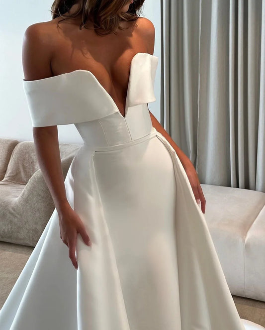 Msikoods Luxury Solid Wedding Dresses Off The Shoulder V Neck Satin Mermaid Evening Prom Dress With Train Bride Gowns