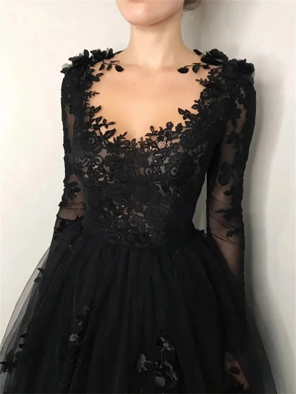 Luxury Lace Embroid Prom Dress Sexy Long Sleeve A-line Black 3D Flower Embroid Vestidos De Noche