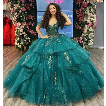 Glittering Emerald Green Quinceanera Dresses Beading Lace Appliques Vestidos De 15 Anos Formal Birthday Party Prom Green