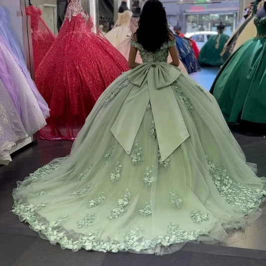 3D Flowers Sage Green Quinceanera Dress with Bow Formal Birthday Party Prom for 16 Years Vestido De 15 Años Corset