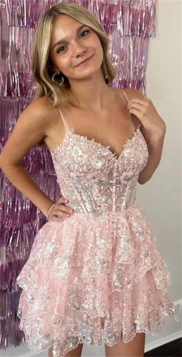 Sansa Short Lace Prom Dresses Spaghetti Strap Mini Tulle Vestidos De Noche Elegant Sleeveless Shiny Sequins Formal Evening