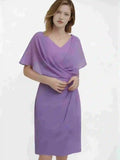 Mother Of The Bride Gown - Elegant Mother of the Bride Dress V Neck Chiffon Knee-Length Short Sleeve Ruffles Wedding Guest Dress 2025 Free Customized Purple