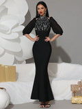 2025 Women Light Luxury Rhinestone Design Fish Tail Bandage Dress Stand Collar Lantern Sleeves Bodycon Long Dress Party Vestidos black