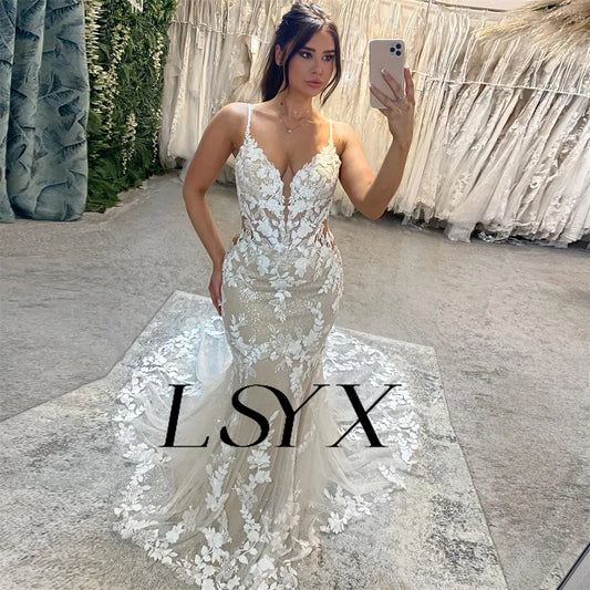 LSYX Deep V-Neck Sleeveless Appliques Shiny Tulle White Mermaid Wedding Dress Open Back Court Train Bridal Gown Custom Made