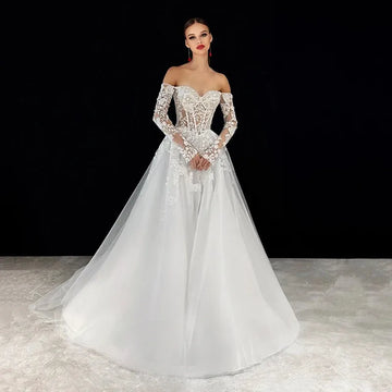 2025 A-Line Wedding Dresses Long Sleeve Appliques Sweetheart Bride Dress Boho Beach White Wedding Prom Gown Custom Size