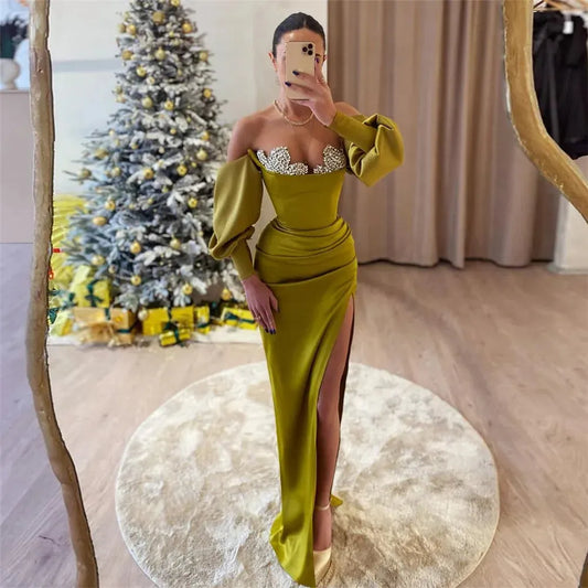 Modest Arabia Mermaid Prom Dress Off The Shoulder Puff Sleeves Side Slit Floor Length Simple Evening Dress As Picture