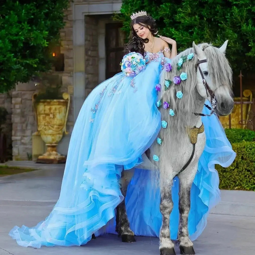 Blue Quinceanera Dresses Off-Shoulder Flower Beading Lace Appliques Vestidos De 15 Anos Formal Birthday Party
