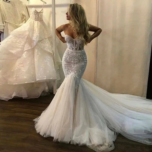 Lace Wedding Mermaid Off Shoulder Sleeveless Ladies Boho Fish Elegant Princess Party Bridal Dress with Fluffy Tulle Vestido