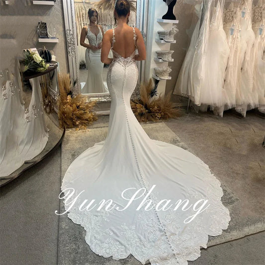 Yunshang Elegant Wedding Dress Women Mermaid Open Back Lace V-Neck Spaghetti Straps Bridal Gown Applique Sweep Vestidos De Novia