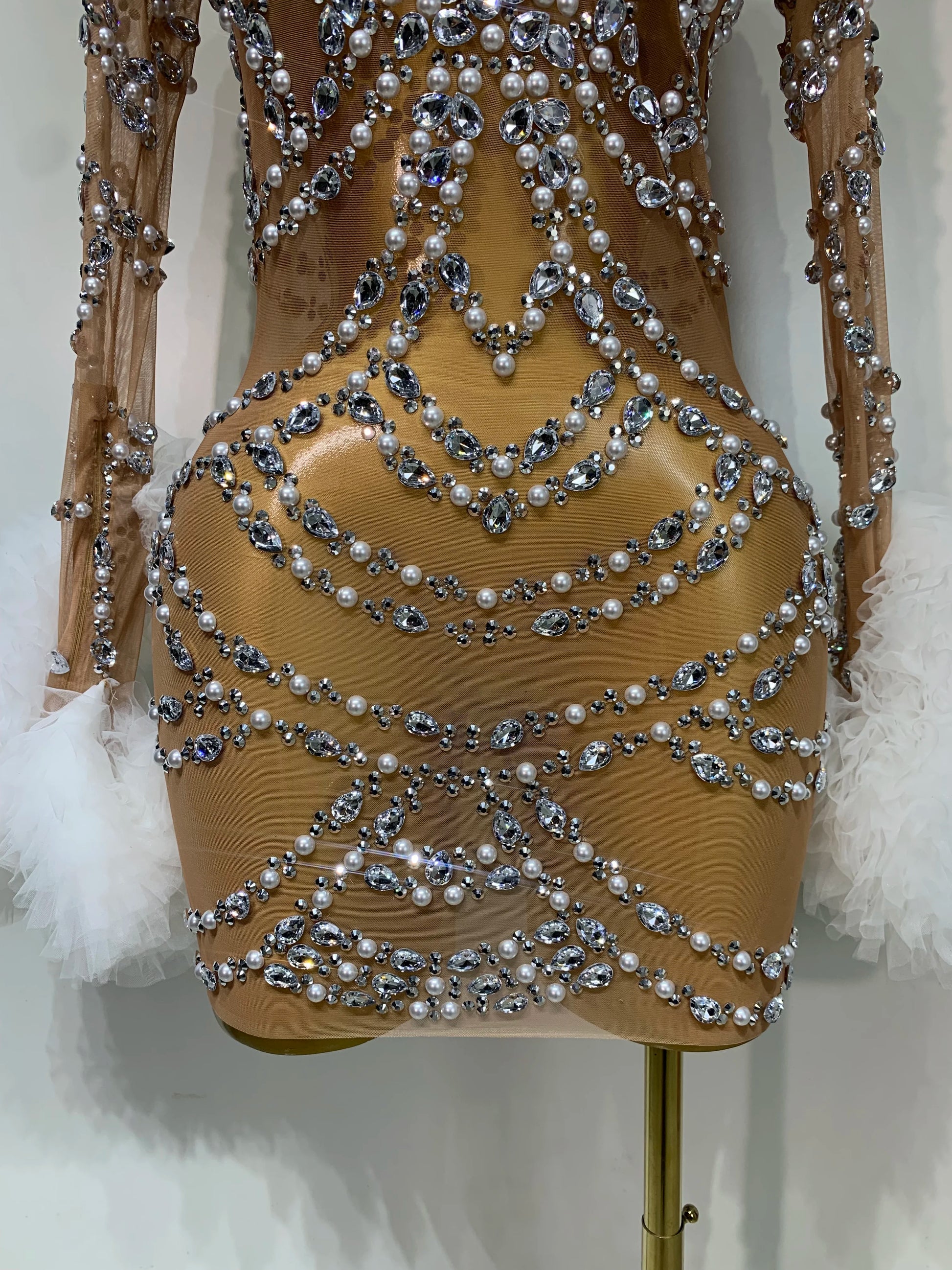 Luxury Sparkly Diamonds Pearl Mesh Mini Dress Women Celebrate Evening Party Birthday Fancy Club Sexy Bodycon Singer Stage Outfit