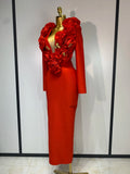 Sexy Fashion Red 3D Flower Long Sleeves Bodycon Long Bandage Dress Women Celebrity Elegant Evening Party Birthday Dresses