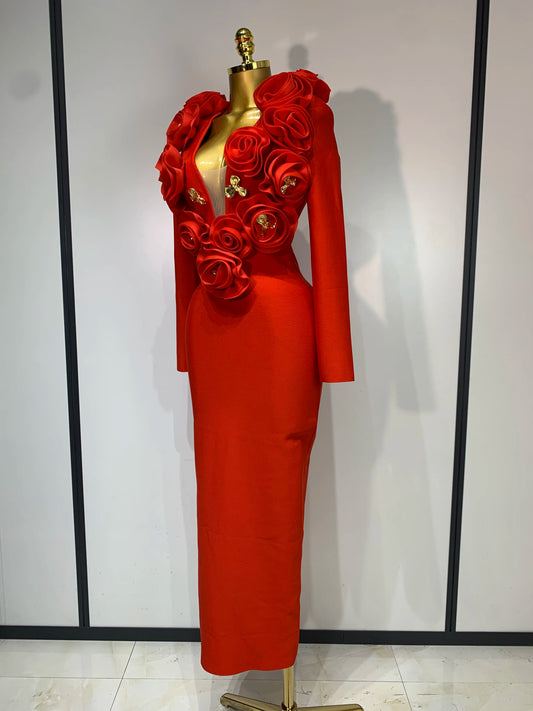 Sexy Fashion Red 3D Flower Long Sleeves Bodycon Long Bandage Dress Women Celebrity Elegant Evening Party Birthday Dresses