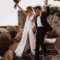 Sexy Deep V-Neck Wedding Dresses A-Line Split Satin Sleeveless Modern Belt Bride Gowns Pleats Zipper Vestido De Noiva