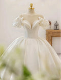 Off The Shoulder Flowers Short Sleeve Sweetheart Neck Lace Up Back Satin Ball Gown Wedding Dress With Chapel Train
