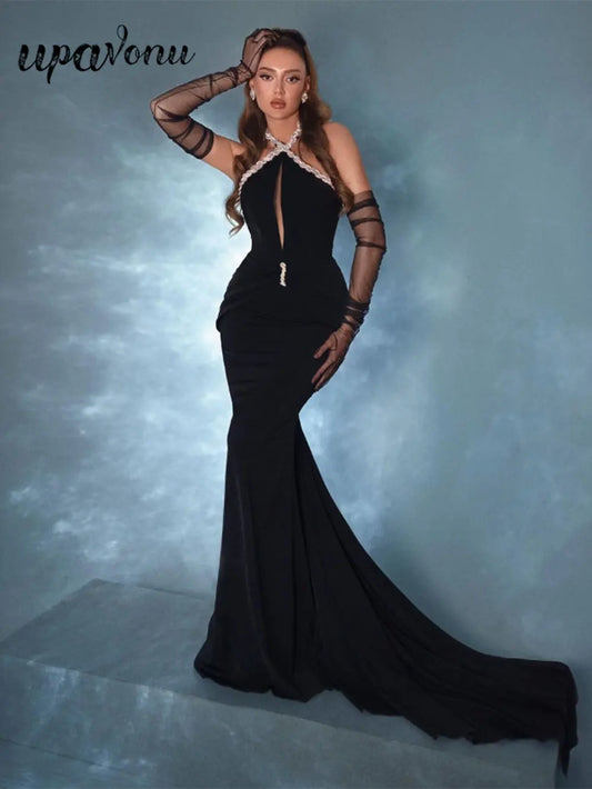 2024 Sexy Christmas Tailcoat And Floor Dress Women Hanging Neck Rhinestone Glove Design Hollowed Out Backless Long Dress Vestido