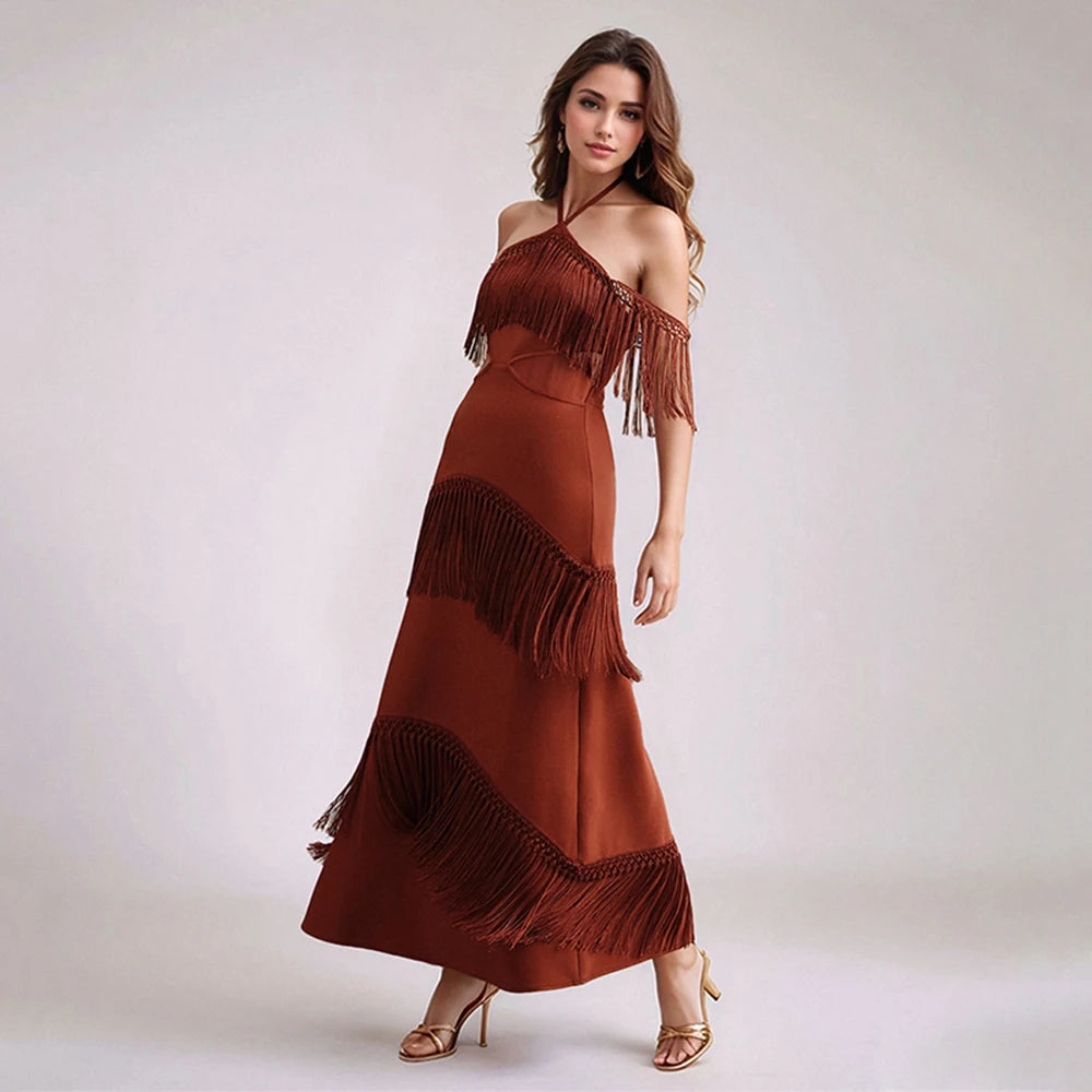 Elegant Bandage Tassels Dress Women Sexy Halter Backless Sleeveless Hollow Out Vestidos Female 2025 Fashion Evening Party Robe Brown