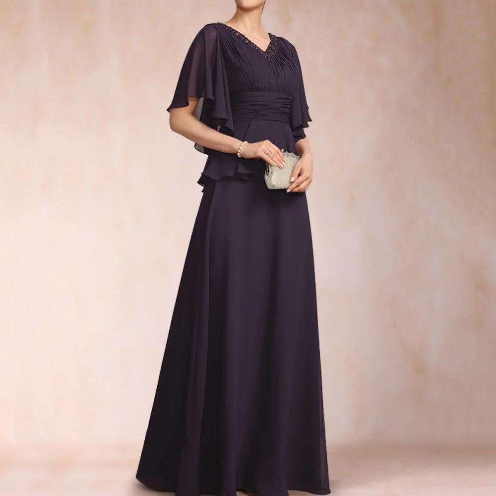 Formal Mother Dresses Customized Elegant A Line Chiffon Evening Gowns Beading V Neck Bride Party Dress robes invitée mariage picture color