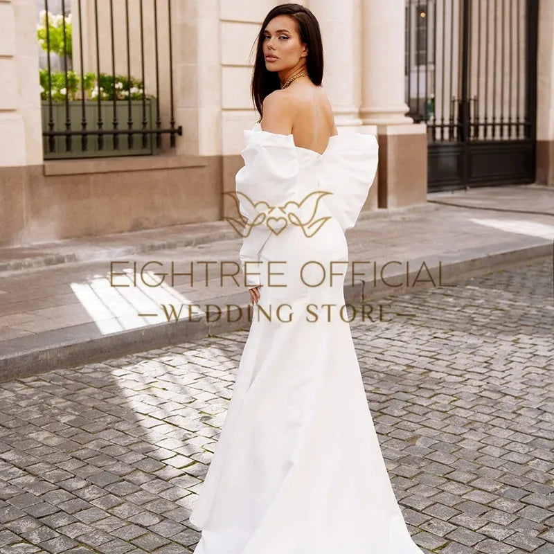 White Mermaid Wedding Dresses Strapless Long Sleeve Side Slit Bride Dress Boho Beach Wedding Prom Gown Custom Size