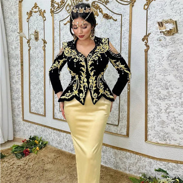 V-Neck Mermaid 2 Pieces Traditional Algerian with Overskirt Velour Gold Lace Formal Dress vestido de noiva Outfits As Picture