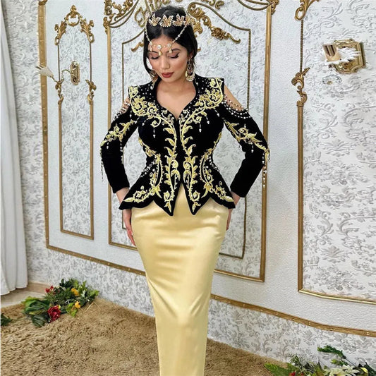 V-Neck Mermaid 2 Pieces Traditional Algerian with Overskirt Velour Gold Lace Formal Dress vestido de noiva Outfits As Picture