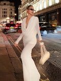 Elegant Solid Draped V-neck Long sleeves Maxi Dress Women White Sexy Backless Backless Evening Party Wedding Gowns Female