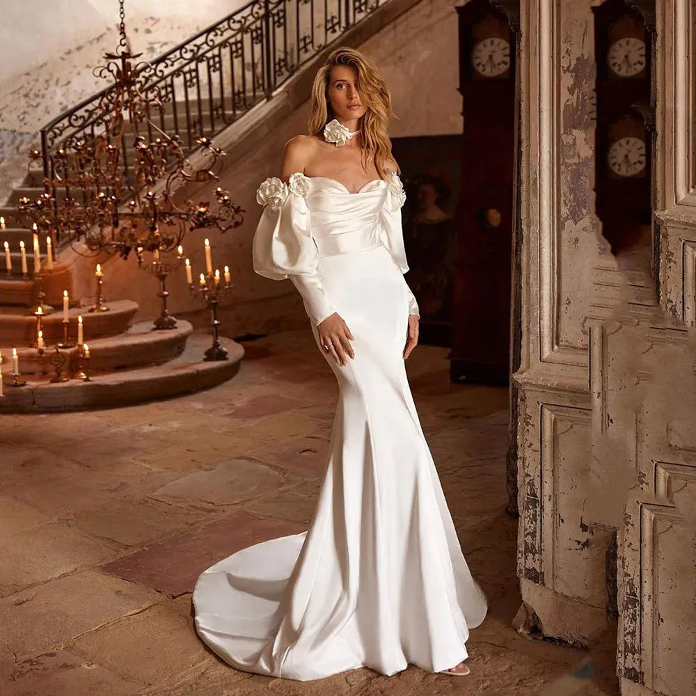 Elegant Boho Mermaid Wedding Dresses Off The Shoulder Satin Dubai Brid