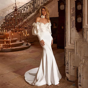 Elegant Boho Mermaid Wedding Dresses Off The Shoulder Satin Dubai Bridal Gowns Vestido De Novia Bride Dress Ivory