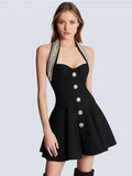 2025 Sexy Women's Light Luxury Nail Diamond Design Bandage Dress Hanging Neck Sleeveless A-line Bareback Mini Dress Vestidos black