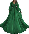 Long Puff Sleeves Prom Dresses V-Neck Pleats Chiffon Princess Evening Gowns Women Party Dress Plus Size