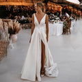 Sexy Deep V-Neck Wedding Dresses A-Line Split Satin Sleeveless Modern Belt Bride Gowns Pleats Zipper Vestido De Noiva