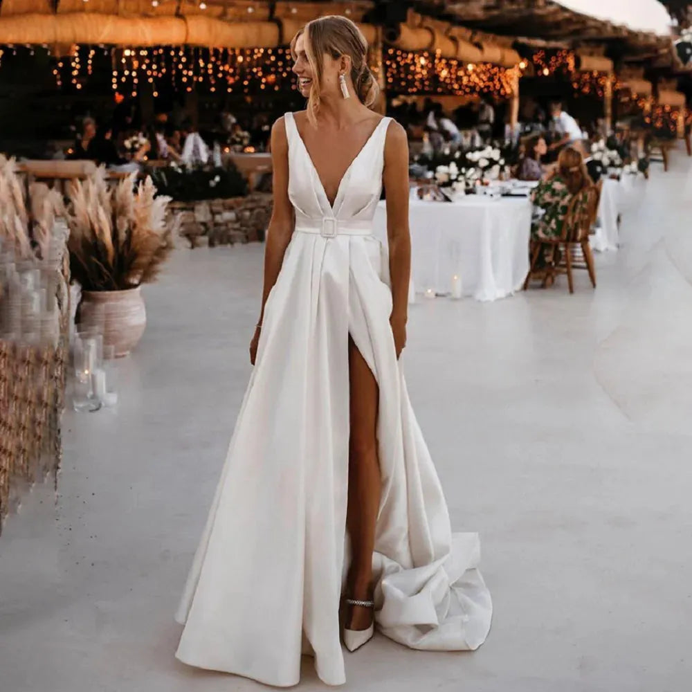 Sexy Deep V-Neck Wedding Dresses A-Line Split Satin Sleeveless Modern Belt Bride Gowns Pleats Zipper Vestido De Noiva