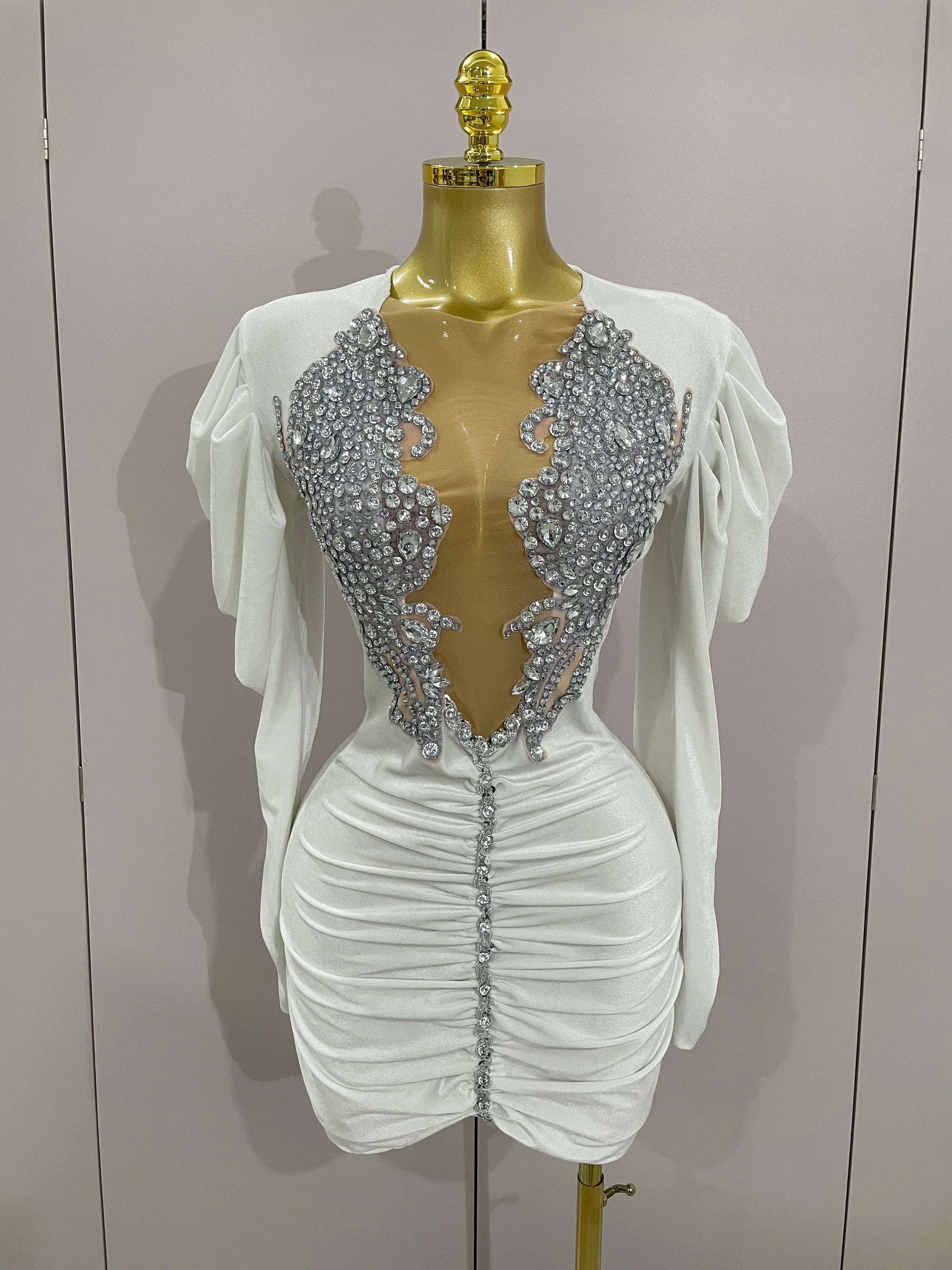 Luxury Sparkly Crystals Sexy Mesh White Velvet Short Dress Women Elega