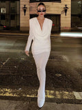 Elegant Solid Draped V-neck Long sleeves Maxi Dress Women White Sexy Backless Backless Evening Party Wedding Gowns Female